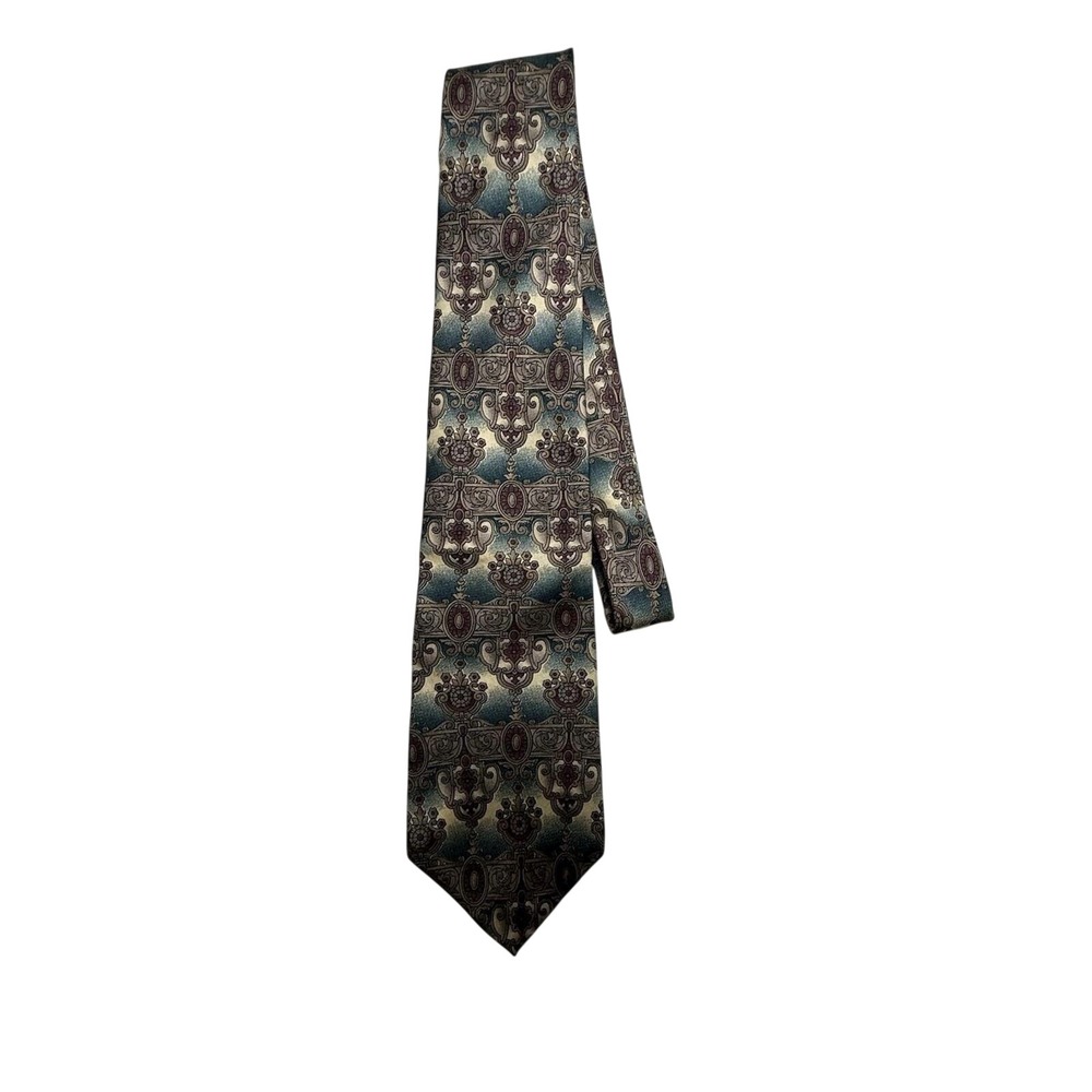 Oscar de la Renta Necktie Mens OS Teal Burgundy Excellent Silk Medallion Ornate